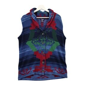 Chaps Womens Southwestern Aztec Cabin Sweater Vest 1X Blue Button Shawl Collar